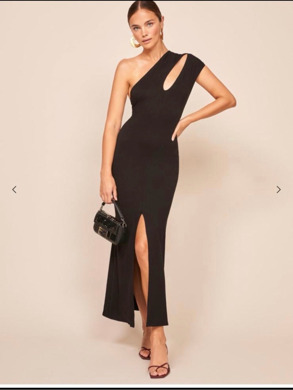 Reformation Saravia Black One-Shoulder Maxi Dress with Cutout and Front Slit